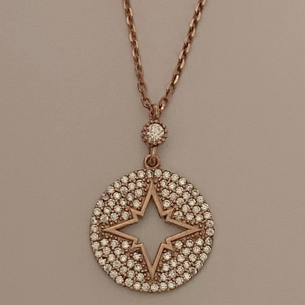 925 Silver necklace compass star cz stones 14k rose gold plated